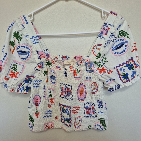 NWT Monteau Los Angeles Women’s White Smocked Puff Sleeve Crop Top – Small - Picture 1 of 5